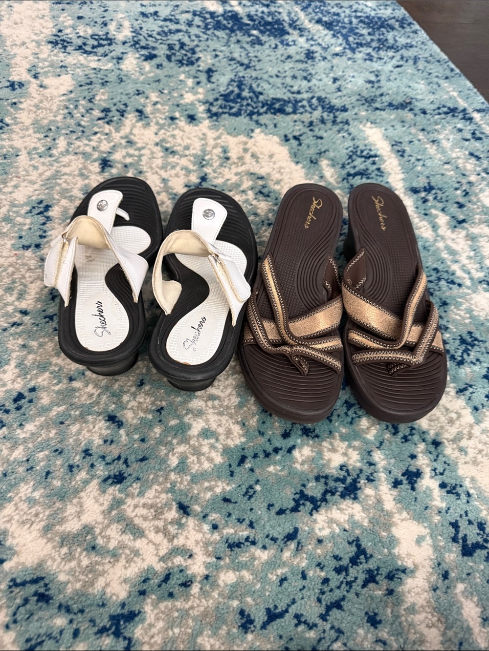 Skechers Women’s Black & White Flip Flops and Brown & Gold Slide Sandals